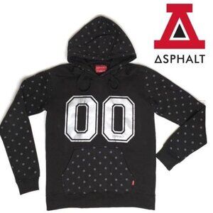 Asphalt Black Hoodie With Polka Dot Sleeves & Large "00" Graphic Print - Size M